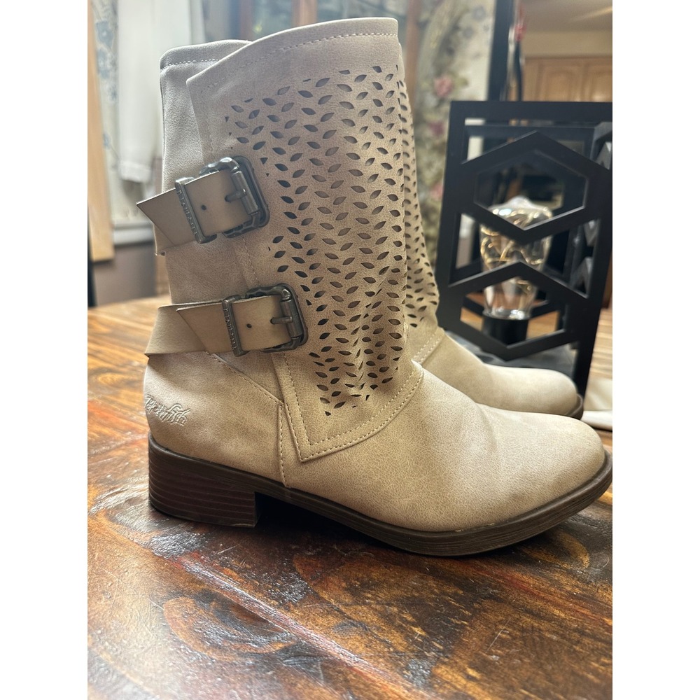 Blowfish Malibu Women Taupe Perforated Double Buckle Mid Calf Boots B138 Size 7